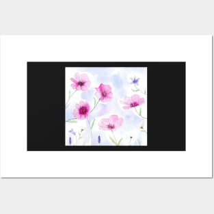 Pink flower Illustration with watercolor and pencil Posters and Art